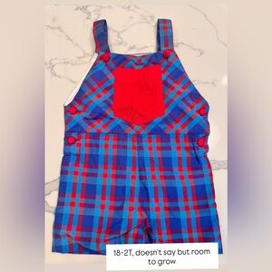 Boys Plaid Overalls with Red Pocket